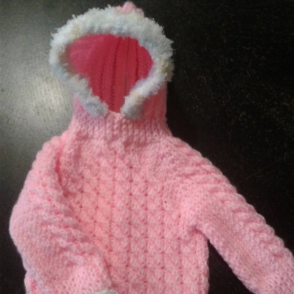 Hand Crafted Knit Hooded Baby Back Zipper Sweater Winter Spring Fall Hoodie Pink